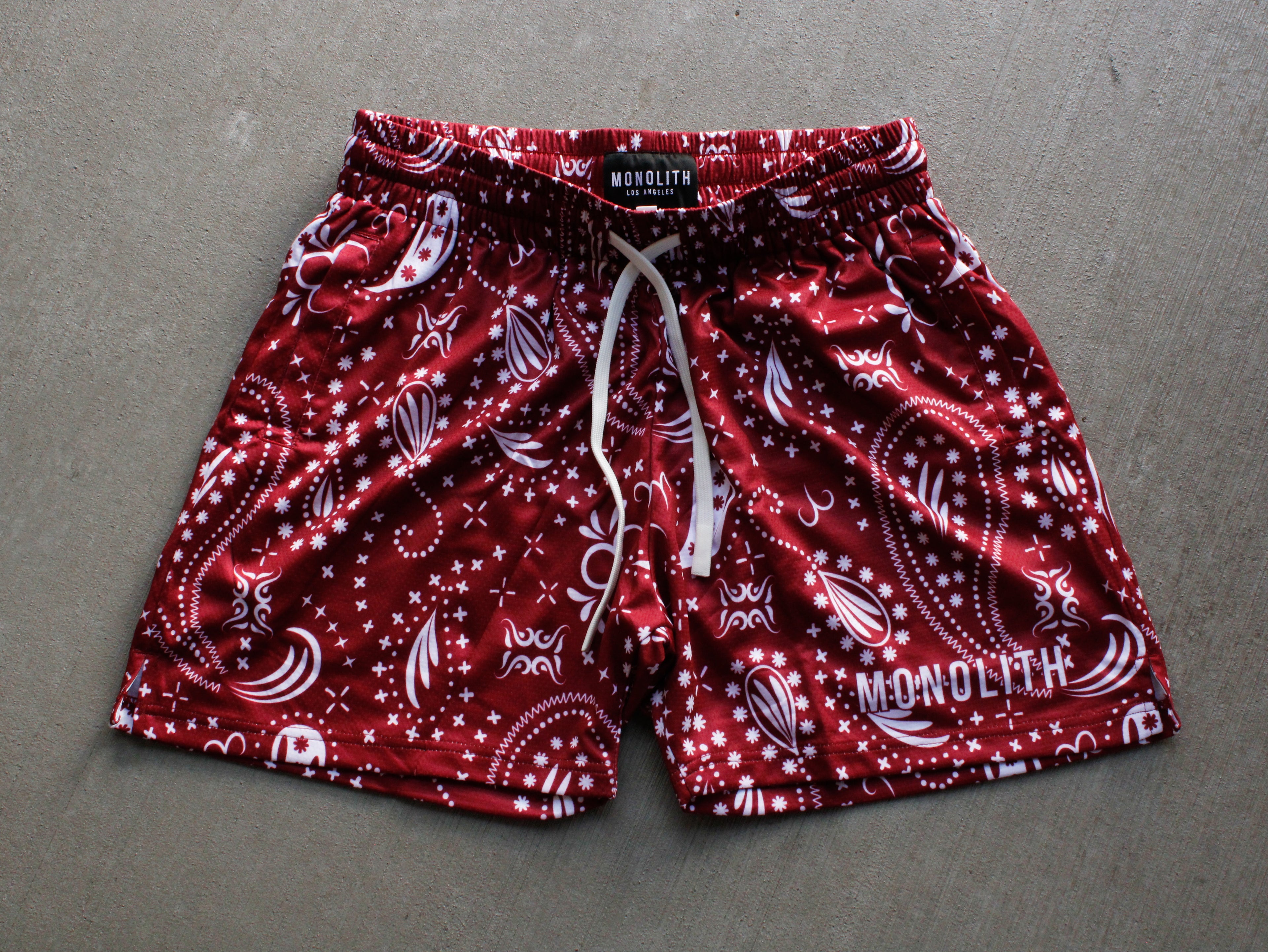 Crimson Paisley Dual-Layer Mesh Shorts