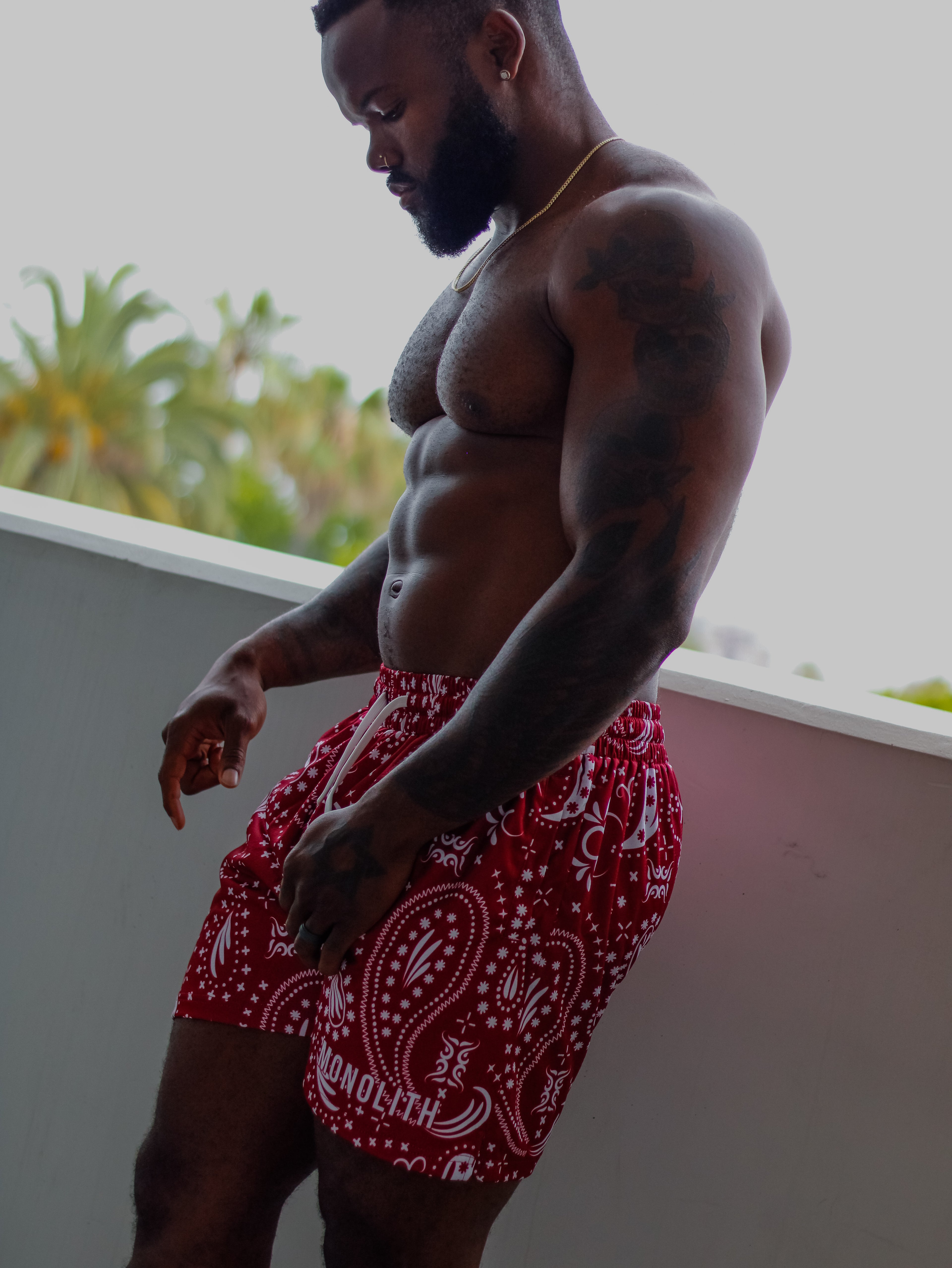 Crimson Paisley Dual-Layer Mesh Shorts